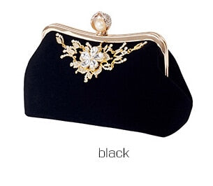 Female Velvet Diamond Pearl Handbag Vintage Velour Crystal Flower Evening Bag Wedding Party Bride Clutch Velour Bag Purse