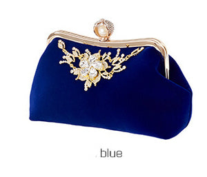 Female Velvet Diamond Pearl Handbag Vintage Velour Crystal Flower Evening Bag Wedding Party Bride Clutch Velour Bag Purse