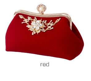 Female Velvet Diamond Pearl Handbag Vintage Velour Crystal Flower Evening Bag Wedding Party Bride Clutch Velour Bag Purse