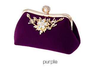 Female Velvet Diamond Pearl Handbag Vintage Velour Crystal Flower Evening Bag Wedding Party Bride Clutch Velour Bag Purse