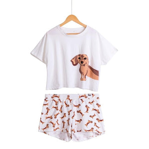 Cute Women Pajamas Nightwear Dachshund Print Dog 2 Pieces Set Short Sleeve Top Elastic Waist Shorts Plus Size Pijamas S75605 L