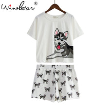 Load image into Gallery viewer, Dog Print Women Pajamas Husky Print White Loose Top Elastic Waist Shorts 2 Pieces Set Nightwear Pijamas S79201