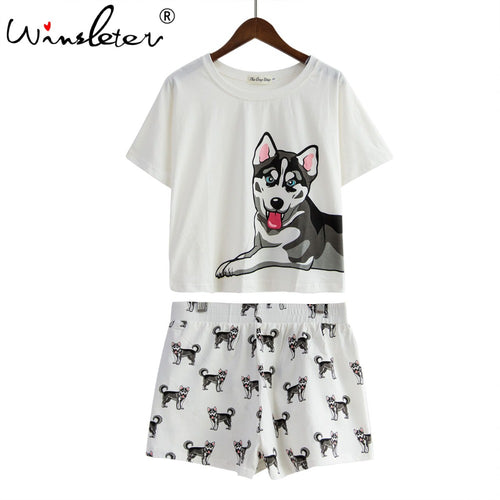 Dog Print Women Pajamas Husky Print White Loose Top Elastic Waist Shorts 2 Pieces Set Nightwear Pijamas S79201