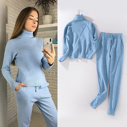 Women sweater suit and sets Casual Autumn Winter 2PCS Track Suit Casual female Knitted Trousers+Jumper Tops Costume Clothing Set