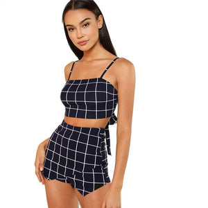 COLROVIE Grid Crop Back Tie Cami Top & Shorts Set 2018 New Plaid Summer Spaghetti Strap Clothing Set Stretchy Sexy Two Piece Set