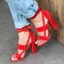 Load image into Gallery viewer, MCCKLE Plus Size Female Ankle Strap High Heels Flock Gladiator Shoes Thick Heel Fashion Women Party Wedding Pumps Drop Shipping