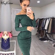 Load image into Gallery viewer, Hugcitar Suede Long Sleeve off shoulder Women mid-calf Dress 2018 Autumn Winter Female sexy Bodycon new year party Dresses