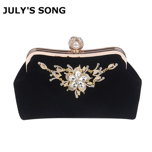 Female Velvet Diamond Pearl Handbag Vintage Velour Crystal Flower Evening Bag Wedding Party Bride Clutch Velour Bag Purse