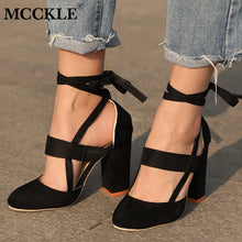 Load image into Gallery viewer, MCCKLE Plus Size Female Ankle Strap High Heels Flock Gladiator Shoes Thick Heel Fashion Women Party Wedding Pumps Drop Shipping