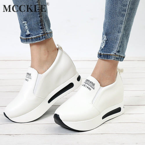 MCCKLE Women Creepers Autumn Increasing Height Shoes Casual Slip On Moccasins Platform Wedge Heel Fashion Elastic Band Footwear