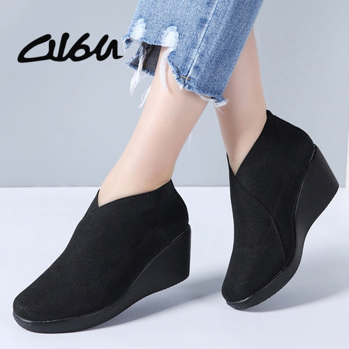 O16U Spring Women Flats Shoes Flat Platform Slip on Casual Leather Sneakers Women Loafers Black Fabric Creepers Female Footwears