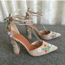 Load image into Gallery viewer, MCCKLE Women High Heels Plus Size Embroidery Pumps Flower Ankle Strap Shoes Female Two Piece Sexy Party Wedding Pointed Toe