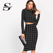 Load image into Gallery viewer, Sheinside Stand Collar Long Sleeve 2 Piece Set Women Crop Grid Top &amp; Pencil Skirt Co-Ord Ladies Elegant OL Style Twopiece