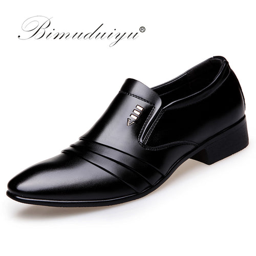 BIMUDUIYU Luxury brand PU Leather Fashion Men Business Dress Loafers Pointy Black Shoes Oxford Breathable Formal Wedding Shoes