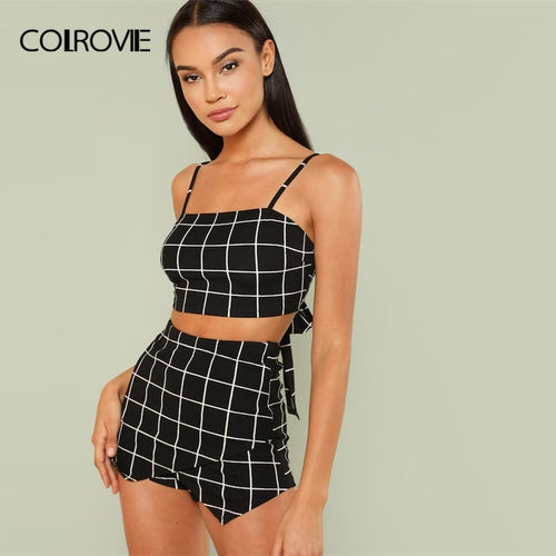 COLROVIE Grid Crop Back Tie Cami Top & Shorts Set 2018 New Plaid Summer Spaghetti Strap Clothing Set Stretchy Sexy Two Piece Set