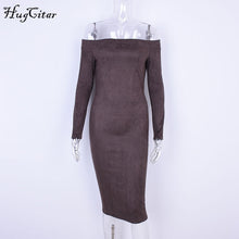 Load image into Gallery viewer, Hugcitar Suede Long Sleeve off shoulder Women mid-calf Dress 2018 Autumn Winter Female sexy Bodycon new year party Dresses