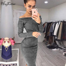 Load image into Gallery viewer, Hugcitar Suede Long Sleeve off shoulder Women mid-calf Dress 2018 Autumn Winter Female sexy Bodycon new year party Dresses