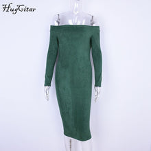 Load image into Gallery viewer, Hugcitar Suede Long Sleeve off shoulder Women mid-calf Dress 2018 Autumn Winter Female sexy Bodycon new year party Dresses