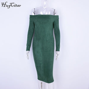 Hugcitar Suede Long Sleeve off shoulder Women mid-calf Dress 2018 Autumn Winter Female sexy Bodycon new year party Dresses