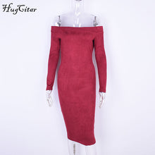 Load image into Gallery viewer, Hugcitar Suede Long Sleeve off shoulder Women mid-calf Dress 2018 Autumn Winter Female sexy Bodycon new year party Dresses